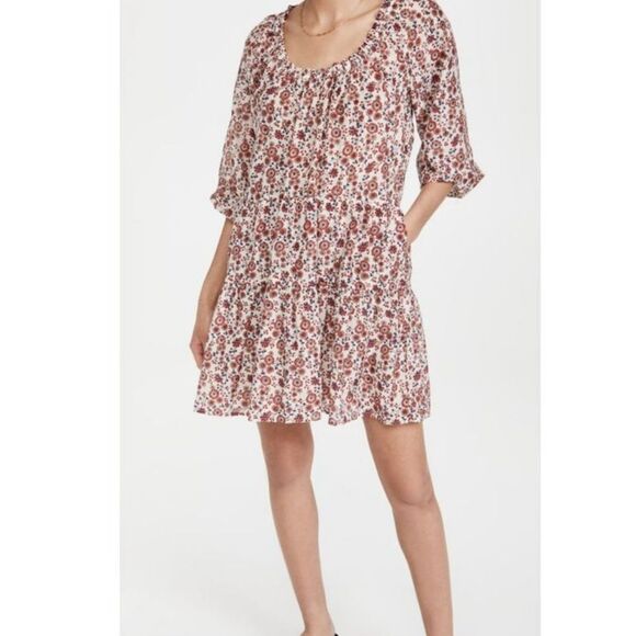 XIRENA Dalyn Cotton Silk Red Floral Long Ballon Sleeve Tiered Mini Dress XS - Picture 1 of 10